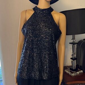 NWTS Cable & Gauge black sequin halter top. Sz. S Tie closure back of the neck